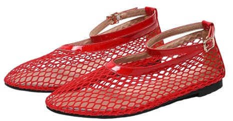 CRETUAO Sandali da Ballerina in Rete da Donna, Scarpe Mary Jane Casual morbide e comode con Cinturino alla Caviglia, Scarpe Basse Sexy e Traspiranti,Rosso,36 EU