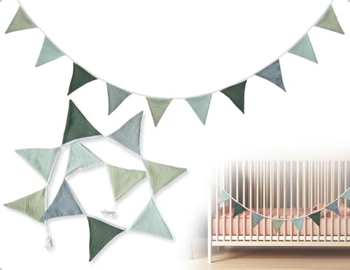 AOYEGIC Wimpelkette,Kinderzimmer Doppelseitig Stoffgirlande,Musselinstoff Girlande,Geburtstagsfeier Banner,verwendet für Jungen Mädchen Hausbett Babybett Outdoor Wanddekoration(Frisches Grün)
