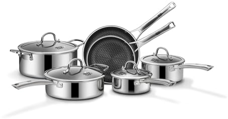 SNOWCLAD Pots and Pans Set Non Stick, 10 Pcs Hybrid Stainless Steel Cookware Sets, Non Stick Frying Pans, Saucepans, Saute Pan & Stock Pot, PFOA Free Kitchen Skillet,Induction Compatible
