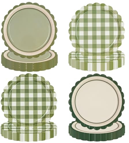 EVYIENEN Lot de 48 assiettes en carton jetables avec motif à carreaux - Vichy vert sauge - Pour anniversaire, fête prénatale, mariage et fêtes à thème