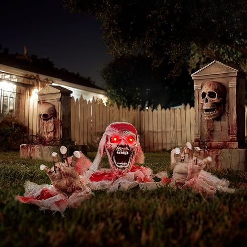 PARTY GO Natale Horror 2025 Decorazioni Halloween Esterno Scheletro Finto Sanguinante, Set Realistico (3 pz.) Teschio e Braccia, Testa e Mani Spaventosi per Decorazione Casa, Giardino