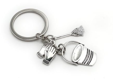 Onwomania Broom Glove Cleaning Tool Keyring Metal Silver Key Rings Car Organiser Gifts for Birthday Men Women and Children