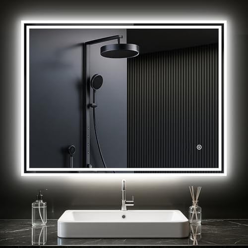 PESENXAN LED Badspiegel mit Beleuchtung – Beleuchteter Badezimmerspiegel mit Touch/Wandschalter, 6500K Wandspiegel mit Beleuchtung für horizontale/vertikale 80x60cm