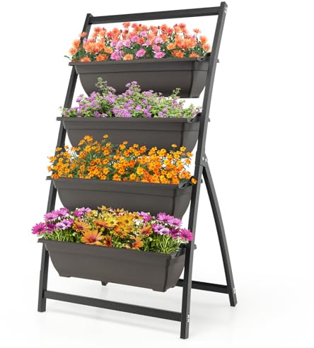 HOMASIS Fioriera Verticale da Esterno a 4 Vasi, Orto Rialzato con Gradini e Struttura in Metallo, Scaffale Scala Leggera per Fiori, Erbe, Verdure (Nero e Marrone, 66 x 50,5 x 124 cm)