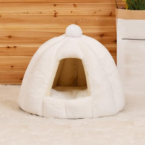 Halbgeschlossenes Katzenhöhlennest, Haustierhöhle, warmes Haustiernest mit abnehmbarem Kissen für kleine Hunde, Welpen, Kätzchen, weiches, beruhigendes Katzenbett, Hundekorb, 48 x 48 x 40 cm, Weiß