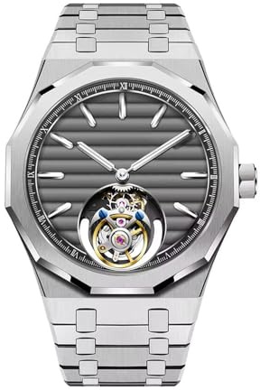 JDLERMY Reloj de pulsera mecánico de acero inoxidable de doble cara con cristales de zafiro, para hombre, con diseño de esqueleto de Tourbillon volador real, plateado, Clásico