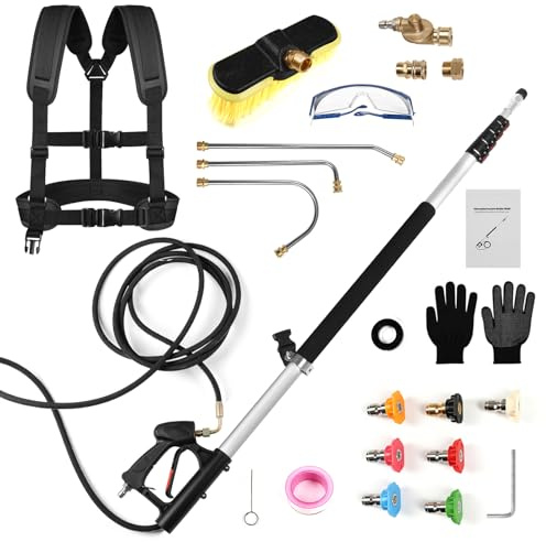 Lance Télescopique Nettoyeur Haute Pression 7,3m, Perche Nettoyage Toiture | Lance Nettoyage Toiture, 4000 PSI, Brosse Rotative, 7 Buses, Harnais Inclus, pour Voitures, Terrasses et Patios Sans échelle