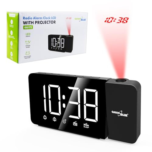 GreenBlue GB172 Radio Sveglia Digitale con Proiettore Orario, Grande Display LED, Radio FM, Alimentazione USB, Snooze, 12/24 Ore, Nero