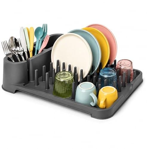 DIVCHI Dish Drainer Rack with Detachable Cutlery Utensil Holder BPA-Free Plastic Large Dish Rack for Plates, Cups, Glasses & Utensils Space-Saving Drying Racks for Kitchen Counter Draining Board
