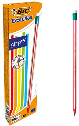 BIC Evolution Stripes avec Gomme - Crayons à Papier HB avec Gomme Intégrée - Couleurs Assorties, Boîte de 12