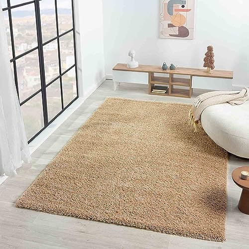 VIMODA Teppich Prime Shaggy Hochflor Langflor Einfarbig Modern Beige für Wohnzimmer, Schlafzimmer, küche, Maße:Ø 120 cm Rund