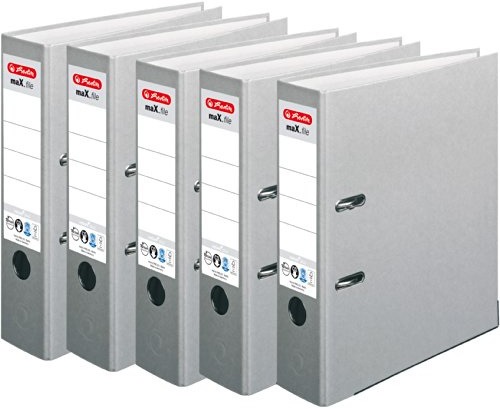 HERLITZ Ordner maX.file nature+ A4 8cm | Kraftpapierbezug selbstklebendes Rückenschild | 5er Sparpack in diversen Farben zur Auswahl (Grau, breit 8cm | 5er Pack)