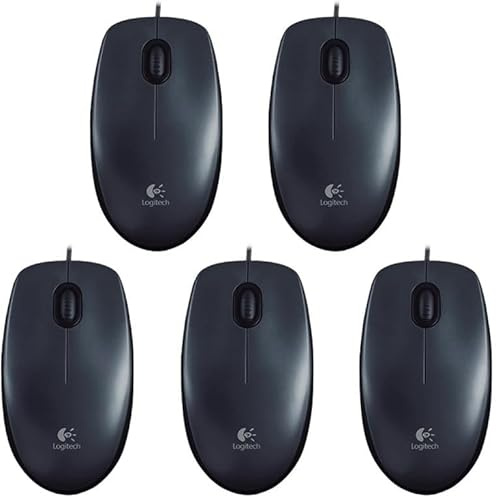 Logitech B100 Maus mit Kabel, USB-Anschluss, 800 DPI Optischer Sensor, 3 Tasten, Für Links- und Rechtshänder, PC/Mac - Schwarz (Optical Business Maus | 5er Pack)