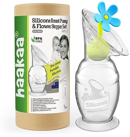 Extractor de Leche Manual de Silicona con Base de Succión + Tapón Flor Antiderrames Azul – Sacaleches 150 ml para Lactancia Materna – Portátil, Reutilizable y Fácil Limpieza – Libre de BPA – Haakaa