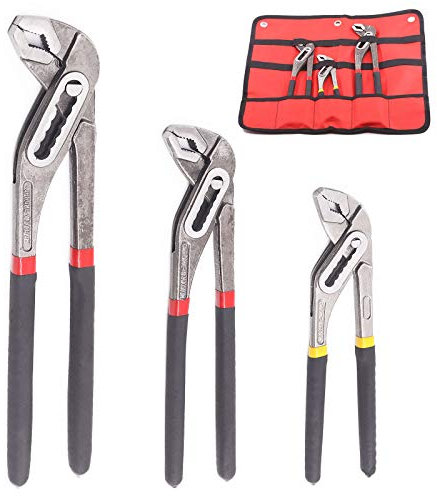 Swpeet Tongue and Groove Plier Set, 8, 10, and 12 Inch Adjustable Alligator Water Pump Pliers with Quick-Release and Straight Jaw, Includes Storage Bag for Home Repair Pipe