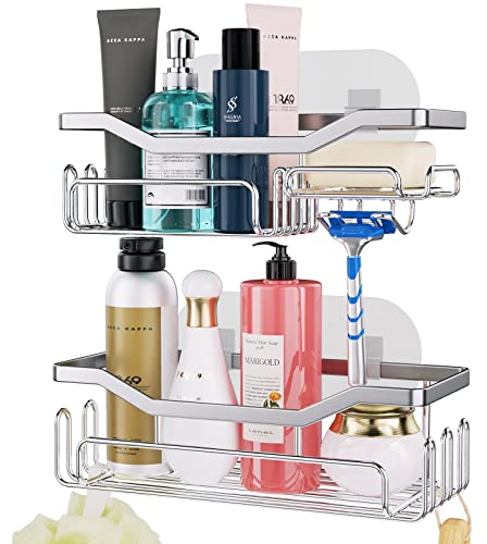 HapiRm Shower Caddy with 11 Hooks, Shower Shelf with Razor Holder, Soap Dish, Towel Hook Bathroom Organiser for Bathroom Storage and Kitchen Accessories Stainless Steel,3 Sticker,2 pcs