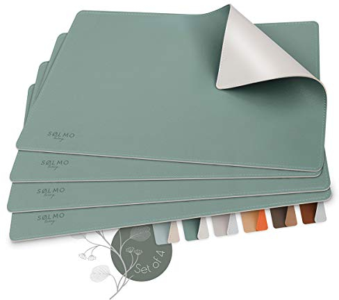 sølmo I Designer Tischset aus PU-Leder, Hitzebeständig Zweifarbig I 4er Platzset abwischbar, Leder, Platzdeckchen, Kinder (Petrol/Grey)