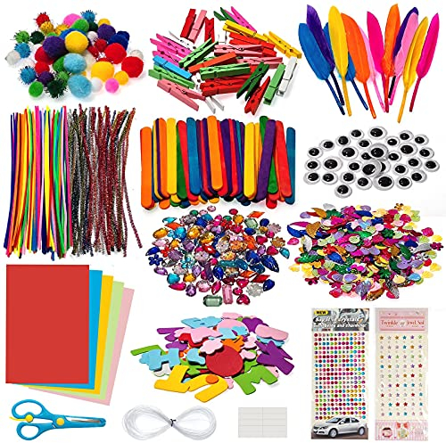 Baozun 1300 Stück Bastelset Kinder DIY Bastelkoffer Basteln Zum Bastelbedarf Bastelsachen with Pfeifenreiniger Bunt, Pompons, Kulleraugen, Federn, Bastel Set für Kleinkinder