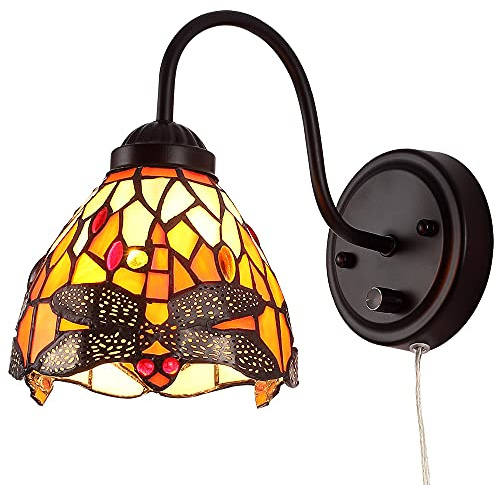 DENGMALL Tiffany Bedside Wall Mount Lamp with Dimmable Switch, Industrial Vintage Gooseneck Wall Sconce with Plug in Cord, Dragonfly Stained Glass Shade Wall Light Perfect for Bedroom, Living Room