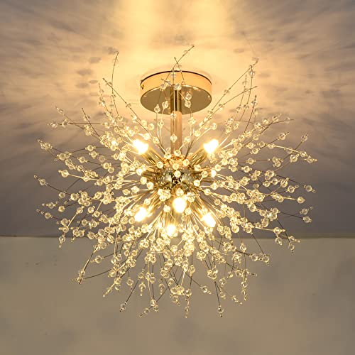 Rayofly Modern Crystal Chandeliers Ceiling Light, Firework Ceiling Lights, Gold, K9 Crystals Fireworks Pendant Lights, Metal, Chandeliers for Living Room, Bedroom, Dining Room, Hallway, Kitchen, 8 G9