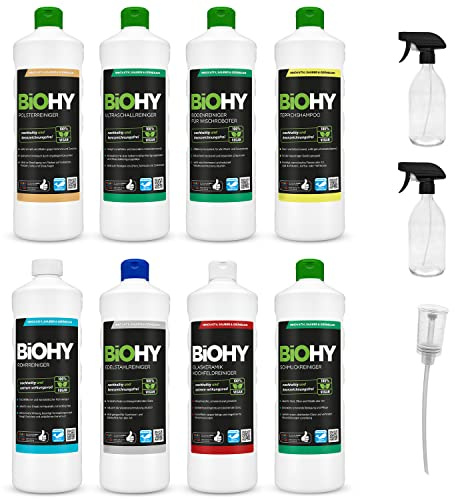 BiOHY Set de lessive combiné avec doseur et 2x vaporisateurs en verre de 500 ml (8 x 1 L) | tous les domaines d'application | puissant & efficace | lessive 100% végétalienne sans microplastique nocif