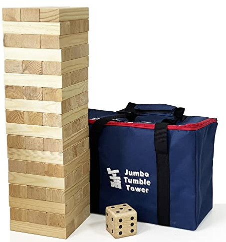 JacJoe All Pro Jumbo torre in legno con dadi e borsa per il trasporto, classici giochi impilabili, 54 pezzi blocchi da costruzione per interni/esterni (impilabili da 60 cm a 150 cm)