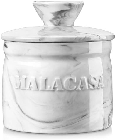 MALACASA Butter Dishes with Lid, Porcelain Butter Keeper Crock for Counter with Water Line, Butter Container for Fresh Spreadable Butter, Series REG, Marble Gray