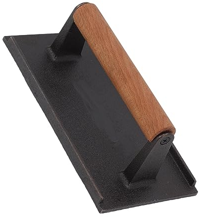 Pressa per carne per barbecue in ghisa Pressa per hamburger rettangolare con pancetta Pressa per barbecue con manici in faggio resistenti al calore(Piastra per pressare la carne da 10 * 20 cm)