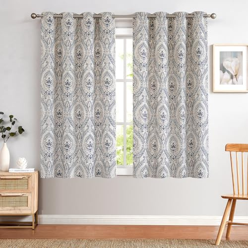 TOPICK Vorhänge Verdunkelungsvorhang Blumen 2 Stück H175xB130 Blau | Blickdicht Vorhänge mit Ösen Wärmeisoliert Vintage Leinenoptik Gardine Lichtdicht Thermovorhang für Wohnzimmer Schlafzimmer