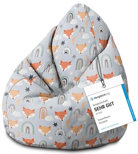 DreamRoots Sitzsack Kinder 70x70x105, Foxes Pastel | Bean Bag Kinder mit Lehne, Hocker & Bezug, Sitzkissen Boden, Bubibag, mit Füllung, Kinderzimmer