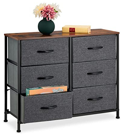 Relaxdays Kommode, HBT: 63x80x30 cm, Metall, Holzoptik, Mehrfarbig | 6 Stoff-Schubladen, Ablage, moderne Beistellkommode