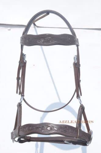 SHOWMEN CRAFT Braune Zaumzeug mit seitlichem Ziehen, gebisslos, mit Handschnitzerei auf gebogenem Augenbrauen- und Nasenriemen, Pony