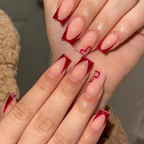 TMUT 24pcs Short Square Press on Nails Red Heart Design False Nails French Tip Stick on Nail Removable Glue-on Full Cover Fake Nail Art Accessories for Women Brides Valentines Day Wedding Wear