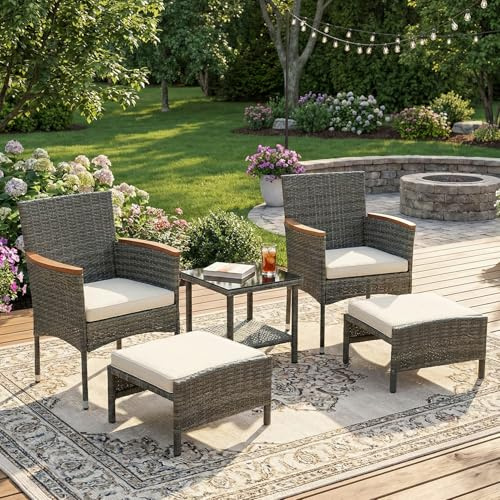 ARTBUSKE 5 PCS Outdoor Patio Furniture Set with Table&Ottoman Outdoor Furniture Patio Set Bistro Wicker Patio Set (Gray Wicker& Basic Cushion, 5PC - 2 Chair + 2 Ottoman + 1 Table)