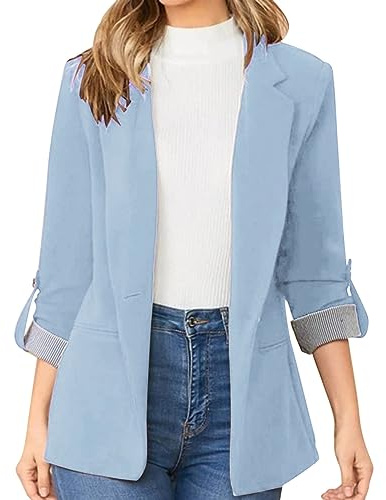 L9WEI Blazer business élégant à revers pour femme - Couleur unie - Manches longues, bleu ciel, S