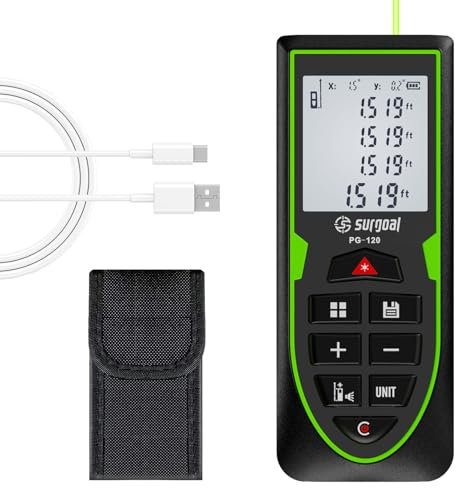 Mesure laser rechargeable, faisceau vert de 100 m, outil de mesure laser avec capteur d'angle, télémètre laser LCD rétroéclairé Ft/in/M, unité de commutation et de distance de mesure, volume, mode