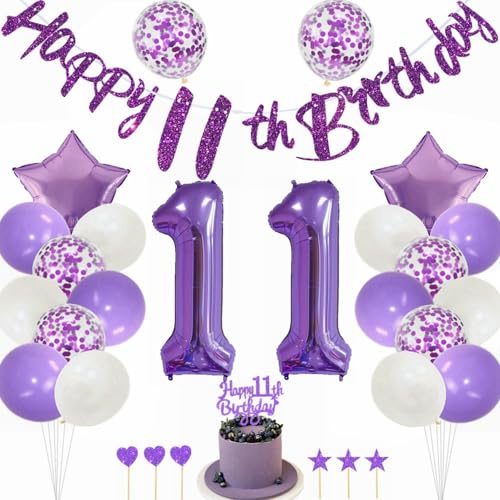 Kiwochy Lila 11 Geburtstag Deko Mädchen 11 Geburtstag Dekoration Lila Tortendeko Geburtstagsdeko 11 jahre Luftballons Nummer 11 Folienballon