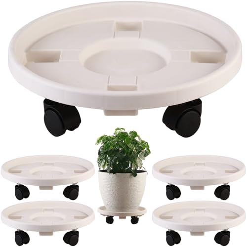 Set di 5 vaschette per piante in plastica robusta da 40,1 cm, con base a ruote, piattino su ruote, per interni ed esterni, con vassoio per ruote, sottobicchiere bianco