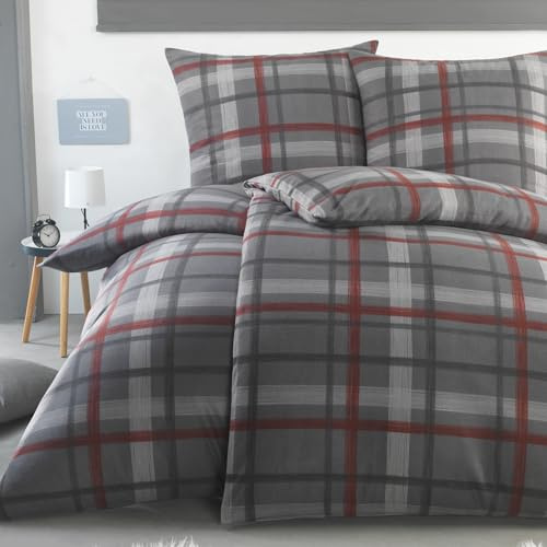 BaSaTex Flausch Winter Bettwäsche Set, 4-TLG., 135x200, Karo Grau | Warm und Kuschelig, Öko_Tex Zertifiziert, Reißverschluss, Flauschig Anschmiegsam, Feuchtigkeitsregulierend