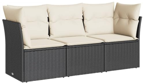 vidaXL 3-TLG. Garten-Sofagarnitur mit Kissen Schwarz Poly Rattan
