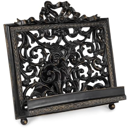 AELS Vintage Ornated Cookbook Stand for Kitchen Counter, Farmhouse Recipe Book Holder, Retro Heavy Duty Cook Book Stand, Gift Ideas, Antique Black Hollowed Decor
