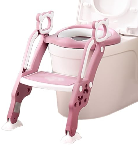 Toilettensitz Mit Treppe Fur Madchen Einstellbar Toilettentrainer Mit Treppe Mit Bärenförmigen Handläufen, Zuhause Faltbar WC Trainer Mit Spritzschutz, Belastbarkeit 75kg ( Color : Rosa , S : 42*23.5*