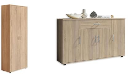 Stella Trading Talent 3 Schuhschrank hoch, Eiche Sonoma Optik & Lilly Kommode in Sonoma Eiche Optik - Modernes Sideboard mit viel Stauraum für Ihren Wohnbereich - 118 x 70 x 30 cm (B/H/T)