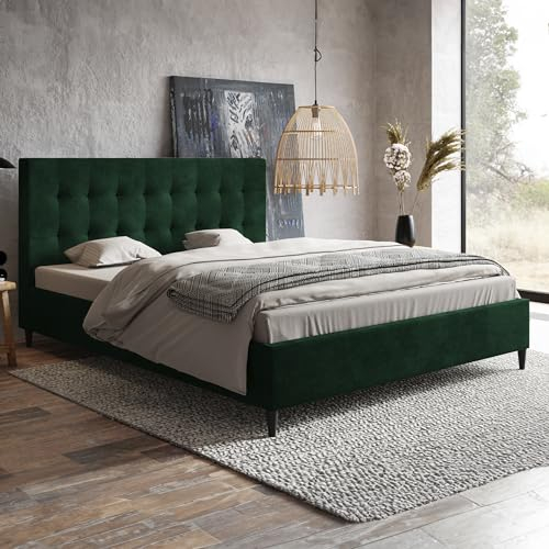 MOTIVENA Flora Polsterbett 140x200 mit Füßen, Bett 140x200 mit lattenrost, Polsterbett 140x200 ohne Bettkasten, Polsterbett 140x200 Samt, mit Kopfteil, ohne Matratze, Grün (Dunkelgrün)