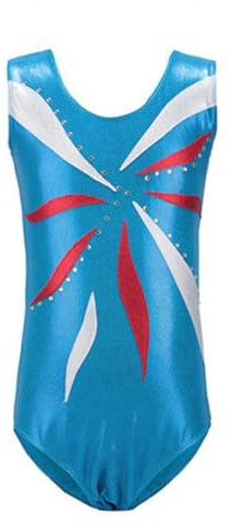 Gymnastikanzug Mädchen Gymnastik-Tanzkleidung Overall for Mädchen Ärmellos Glänzend Strass Metallic Ballett Tanzbody for Eislaufen(Sky blue,Height 120cm)