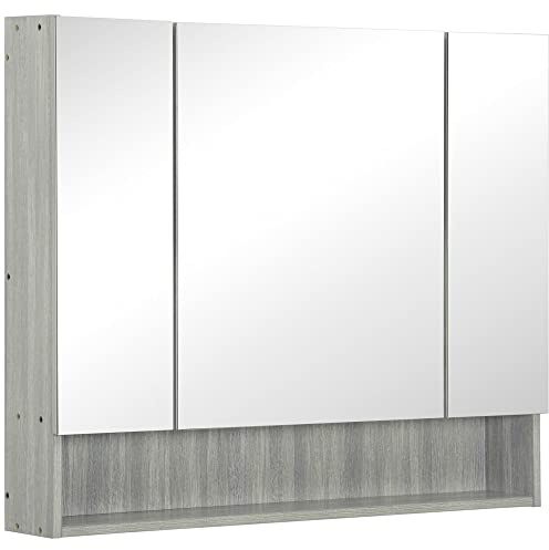 kleankin Specchio Bagno Contenitore con 3 Ante Soft Close, 90x15x75 cm Mobile Bagno con Specchio, Ripiani Regolabili, Scomparto Aperto, Mobilettto Bagno da Parete Salvaspazio in Vetro, Grigio