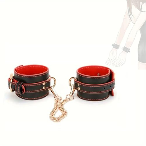 1 paio di manette in pelle rossa e nera, accessori confortevoli per giochi di ruolo