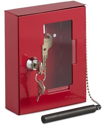 Relaxdays Notschlüsselkasten mit Glasscheibe, Hammer & Schlüssel, abschließbar, Metall, Notschlüsselbox, Notkasten, rot