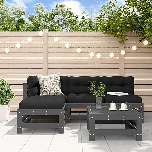 WEMYUFURN 5-TLG. Garten-Lounge-Set mit Kissen Grau Massivholz, Outdoor-Sitzgruppe, Terrassen-Lounge-Set, Garten-Couchgarnitur - Wetterbeständig, Komfortabel - für Terrasse, Garten und Balkon