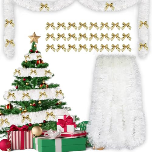Guirlande Noel 10m + 24pcs Noeud Doré Noel, Guirlande Sapin de Noel, Couronne de Noel, Guirlandes de Noël Sapin, Noel Decoration Intérieure et Extérieure pour Porte, Escalier et Cheminée